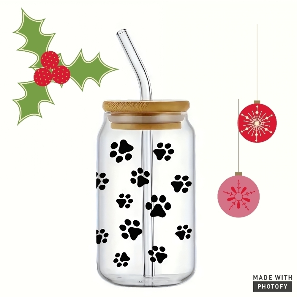 🆕️ DOG PAWS 16oz Glass Tumbler